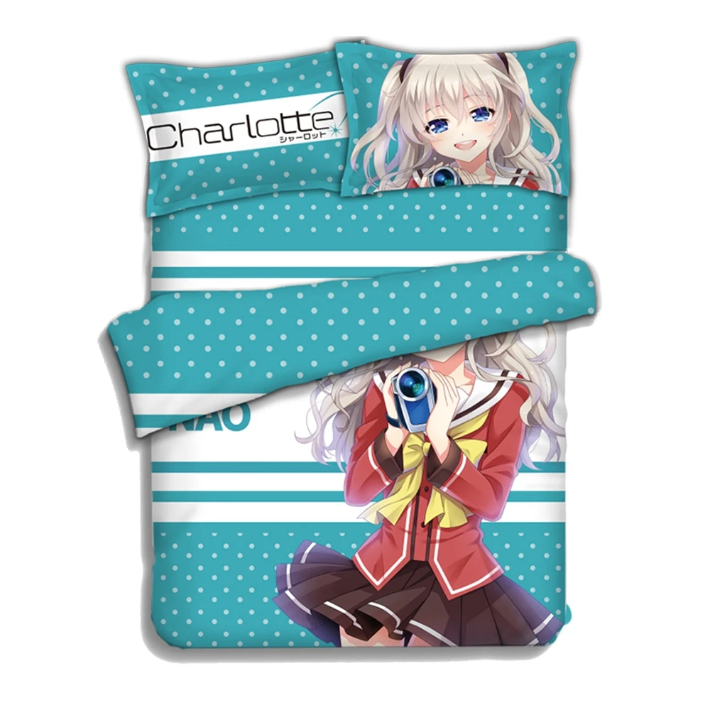 อะนิเมะ JK Charlotte Tomori Nao สาวการ์ตูน4PCS ชุดเครื่องนอนแผ่นผ้านวมผ้านวมหมอนเตียงในกระเป๋า