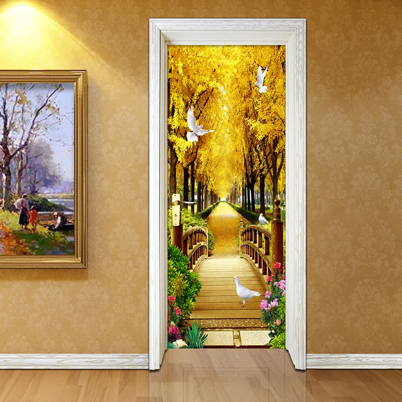 Papel tapiz fotográfico 3D, murales de paisaje natural de bosque dorado, pegatinas de pared autoadhesivas de PVC, pegatina de puerta 3D impermeable para sala de estar