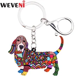 WEVENI Acrylic Printing Basset Hound Dog Key Chain Key Ring Bag Charm Man Car Keychain Accessories New Fashion Jewelry For Women