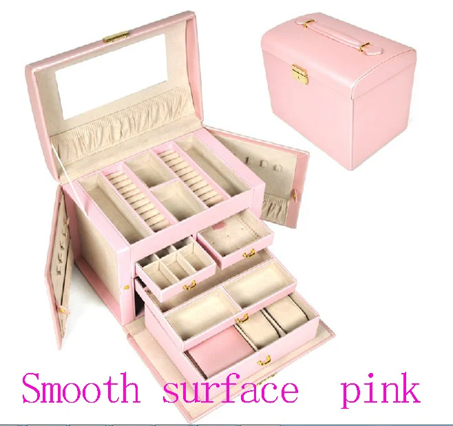 

Free shipping Large luxury smooth PU pink jewelry box,earrings necklace pendant jewelry display shelf packing gift box