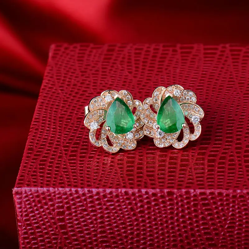 

LANMI 1.68ct Green Gemstones Jewelry Solid 18Kt Rose Gold Pear 6x8mm Natural Diamond Emerald Studs Earrings for Wedding Gifts
