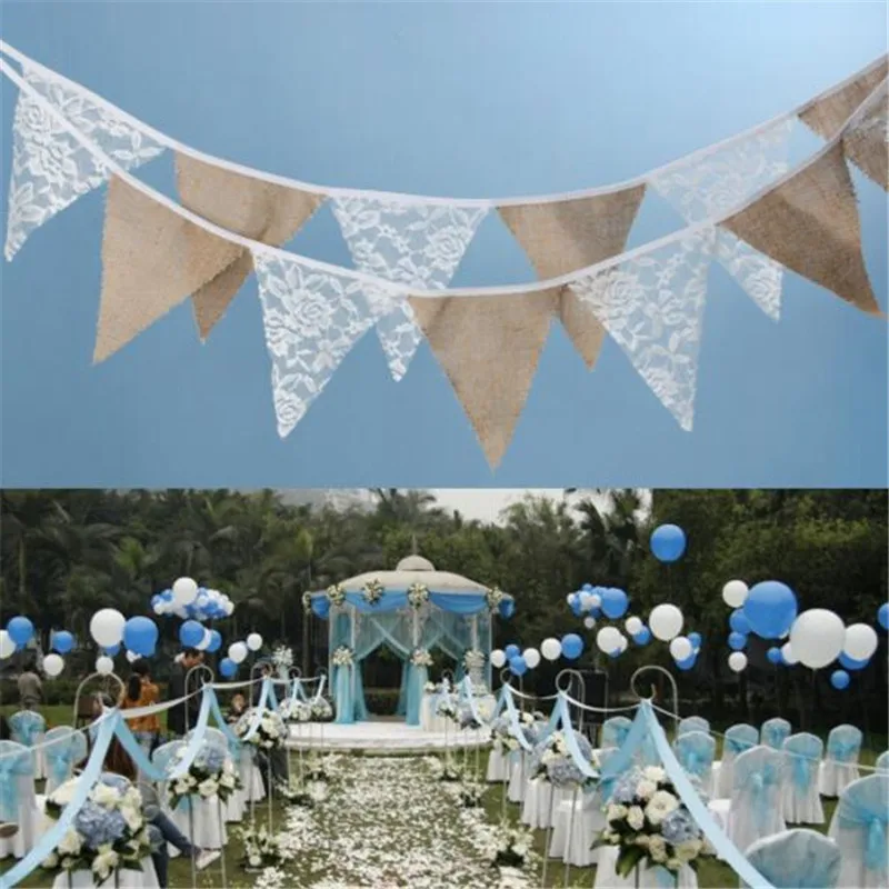 

11pcs Rustic Linen Pennant Banner Hessian Bunting Mix White Floral Lace Flags for Wedding Birthday Party Outdoor Home Decoration