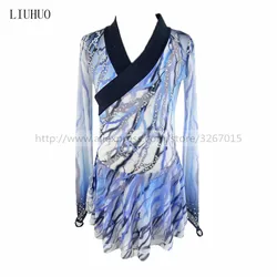 Figure Skating Dress Customized Competition Ice Skating Skirt  Girl Women Blue gray stripe pattern Sparkling rhinestones Dance