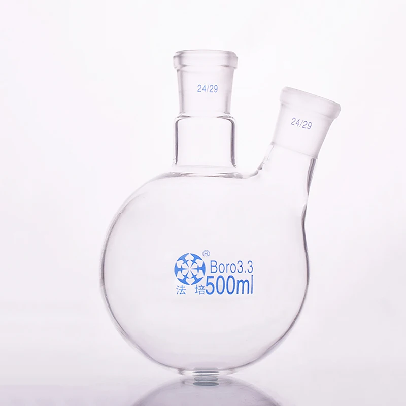 Frasco de dos cuellos con forma oblicua, Boca de molienda estándar, capacidad de 500ml, junta media 24/29 y junta lateral 24/29