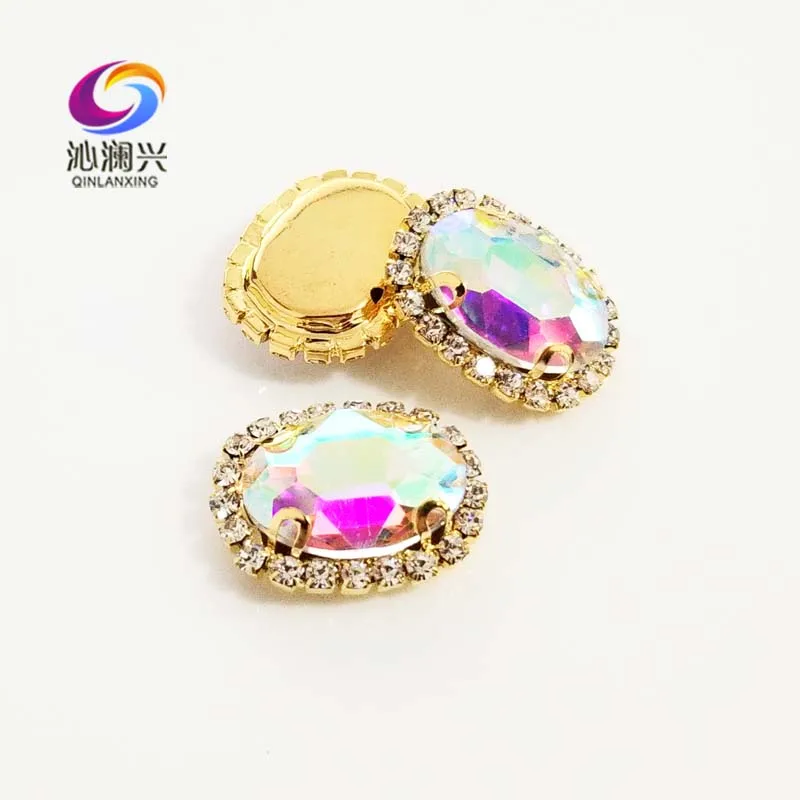 Golden Bottom AB Color Glass Crystal Rhinestones, Oval Shape Buckle, Used for Needlework, Diy/Clothing/Sewing Accessories