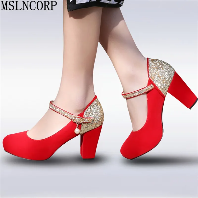 

plus size 34-43 New Spring Autumn Bling women high heels prom wedding shoes 2018 Patch Color Thick heel lady bridal party pump