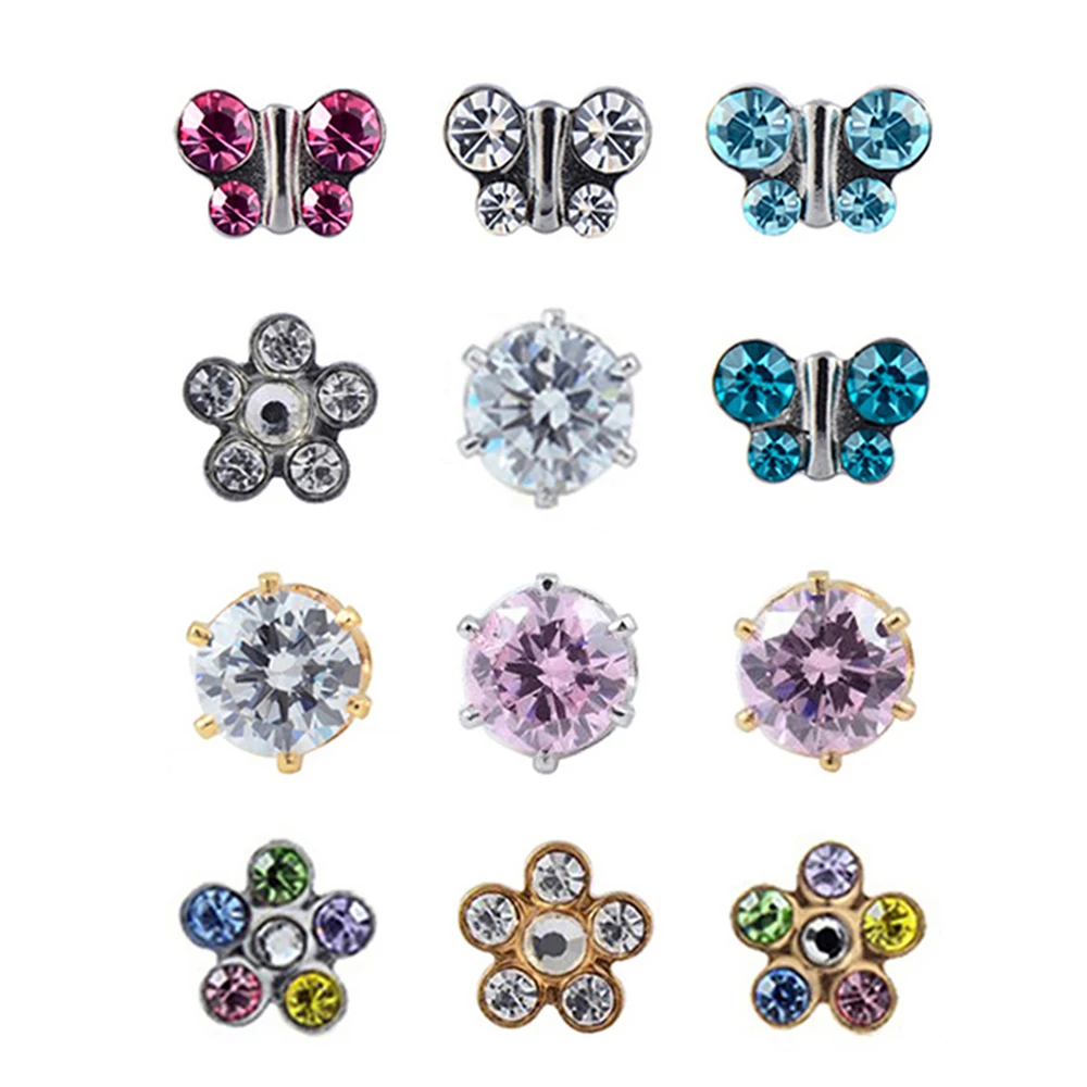 Pair of Ear Piercing Stud Earring Jewelry with CZ Gem Crystal Fashion Style Star Heart Pearl Butterfly Charm Daisy Flower