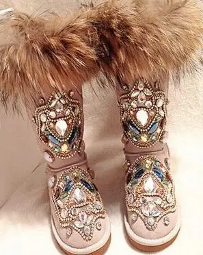 Hot Winter Woman Warm Fox Hair Snow Boots Female Slip-on Flat Shoes Woman Casual Mid-calf Boots Girls Bling Crystal Boots