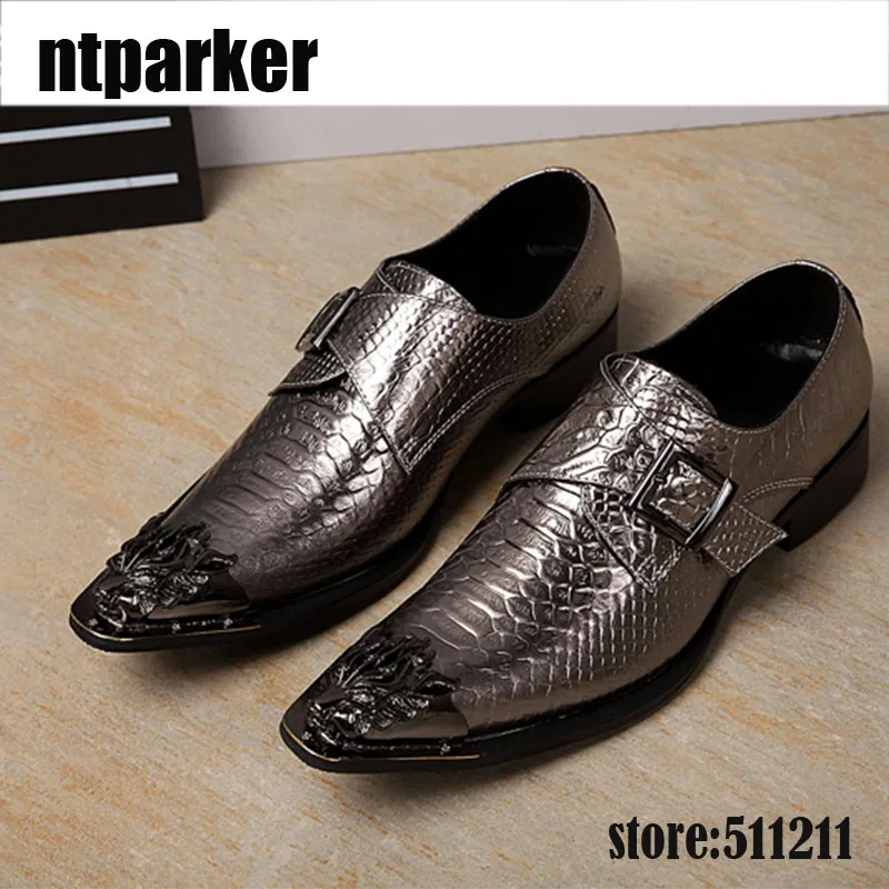 ntparker-Lxury Designer's Men Dress Shoes Genuine Leather Shoes Fashion Snakeskin Pattern Iron Pointed Toe Leather Shoes Men POP