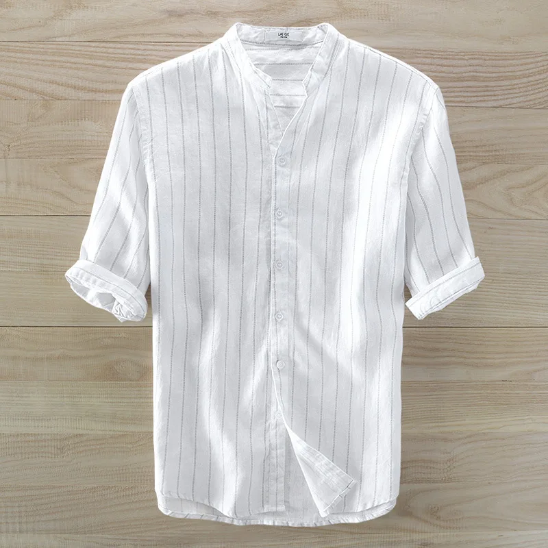 Mens Striped Short Sleeve Dress Shirts High Quality Cotton Linen Breathable Soft Classic Shirt Chinese Retro Vintage