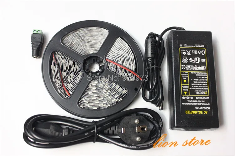 single color Led Strip 5050 Non-Waterproof 5M SMD 300 LEDs/Roll+12V 5A Power Adapter warm white blue green red yellow