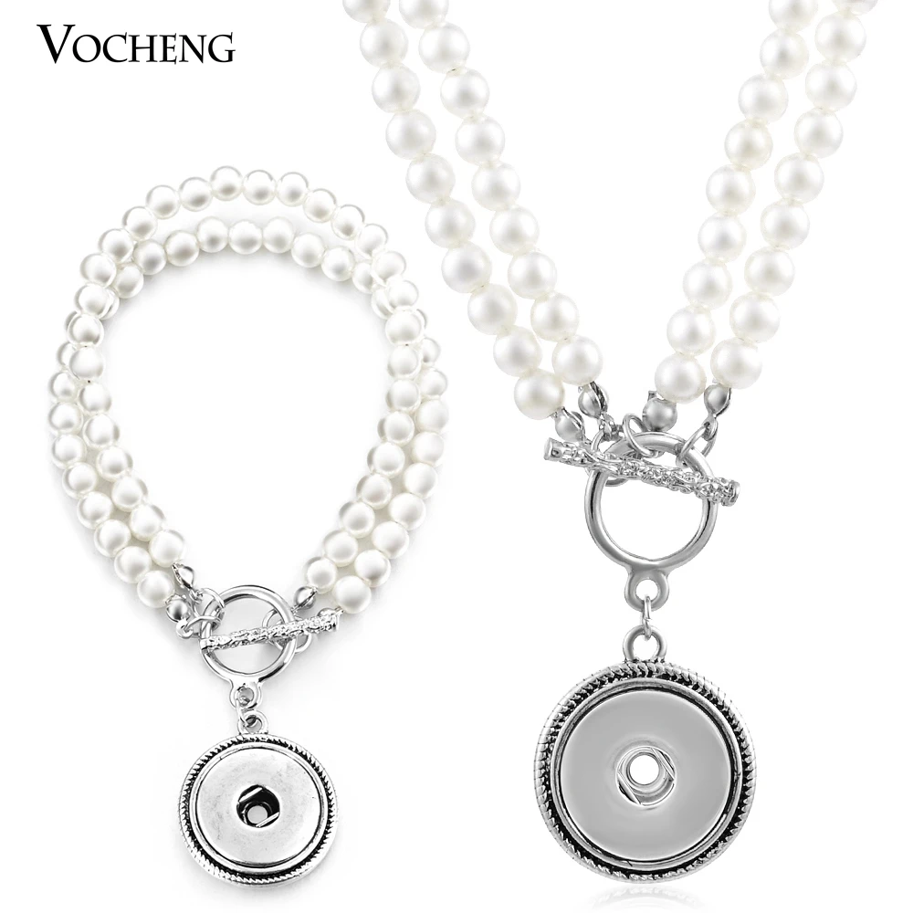 Vocheng Snap Button Jewelry Simulated pearl Set 18mm Pendant Necklace and Bracelet NN-367