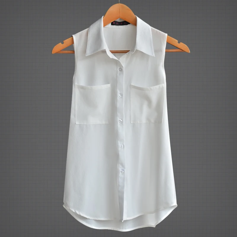 2022 Loose Slim Turn-Down Collar Sleeveless OL Chiffon Shirts White Tops Femme Summer Omen Blouses