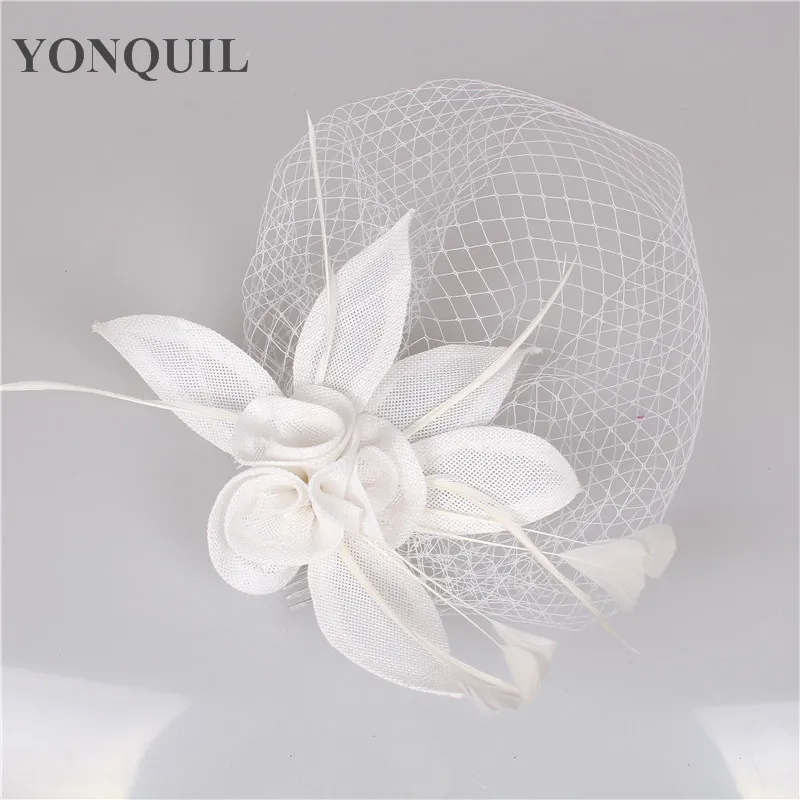 White Wedding Headband Delicate Headwear Charming Fascinator Cover Face Veil Feather Hat Women Brides Fashion Hair Accessories