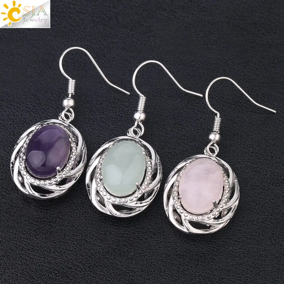 CSJA Green Natural Stone Drop Earrings for Women Girl Purple Pink Crystal Earring Statement Earrings 2019 Handmade Jewelry F911