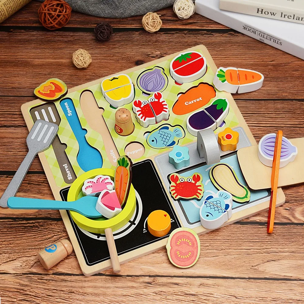 Puzzle Di legno Giocattoli di Generi Alimentari Cucina Enfant Falso Cibo In Miniatura Barbecue Da Cucina di Cottura Supermercato Educativi Per Bambini Giocattolo Gioco del Gioco