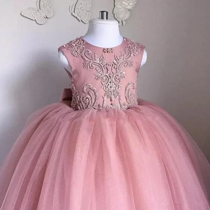 

Pink Flower Girl Dress Sleeveless Lace Applique Girls Pageant Tulle Dresses First Hioly Communion Party Dresses