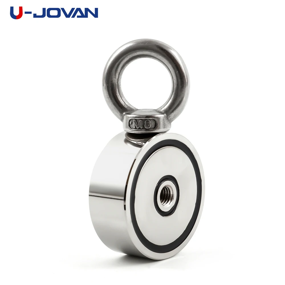 U-JOVAN Strong Neodymium Magnet Double Side Salvage Fishing Magnet Hook 48*18mm 80KG Pulling Mounting Pot with Ring Hole