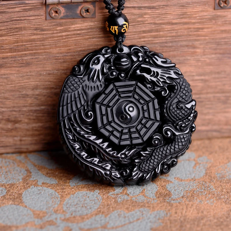 Natural Black Obsidian Hand Carved Chinese Dragon Phoenix BaGua Lucky Amulet Pendant Free Necklace Fashion Fine Jewelry