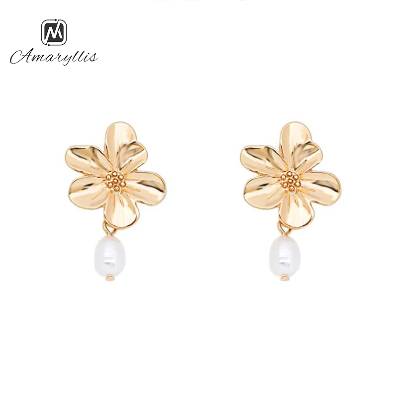 Amaiyllis Korea Metal Flower Stud Earrings For Women Wedding Freshwater Pearl Pendant Post Earrings Chic S925 Silver Pin Earring