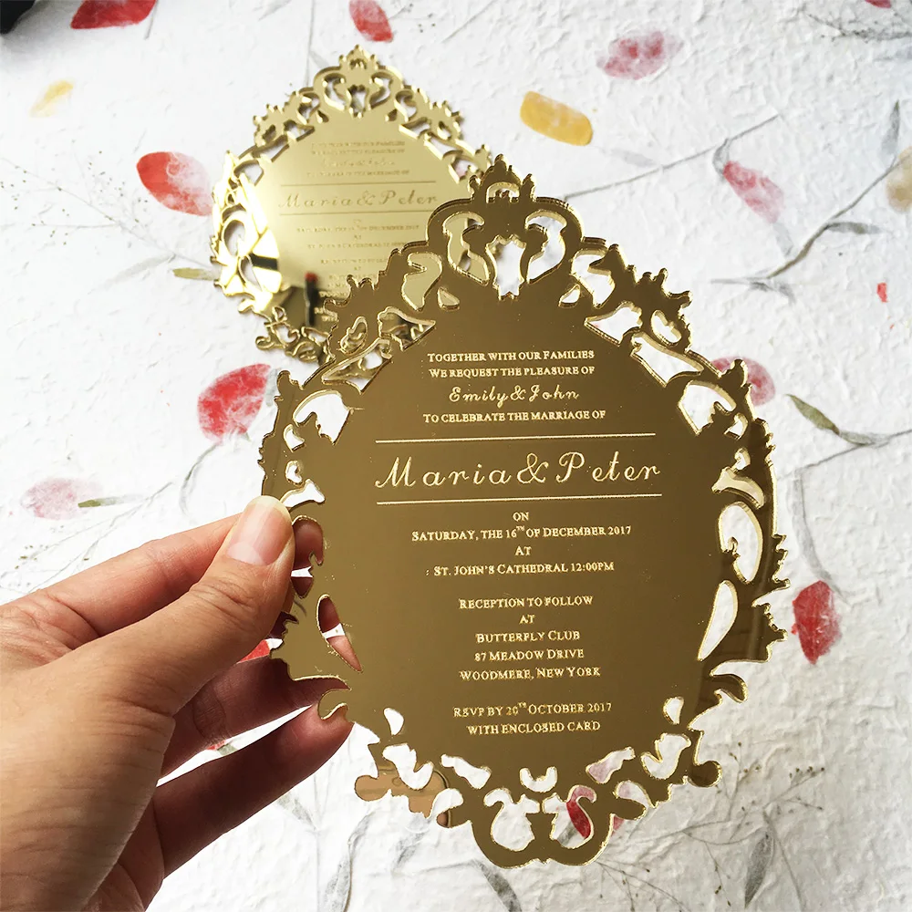 90pieces Per Lot 5x7inch Vintage Hollow Style Golden Mirror Acrylic Save The Date Cards SHIP TO GERMANY ONLY