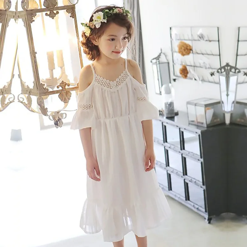 Summer Hollow Out Elegant Party Dress Children Long Evening Sundress Teen Kids Lace Stitching Maxi Dresses Clothes