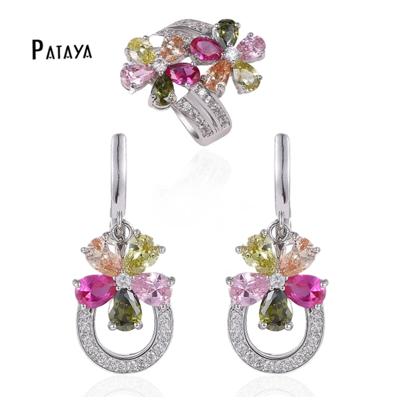 

PATAYA Romantic Flowers Jewelry Sets Color Natural Zircon Ring Earrings Set True White Gold Women Wedding Decoration Fine Sets