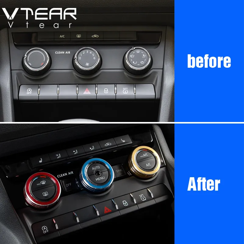 Vtear For Skoda Karoq  AC knob cover aluminum metal ring circel decoration air conditioning heat control switch accessories car