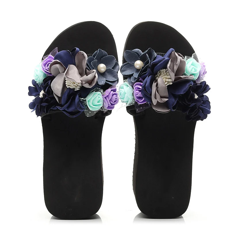 Summer Slippers women handwork flowers flat bottom slippers One word drag fashion Leisure womens shoes slippers female