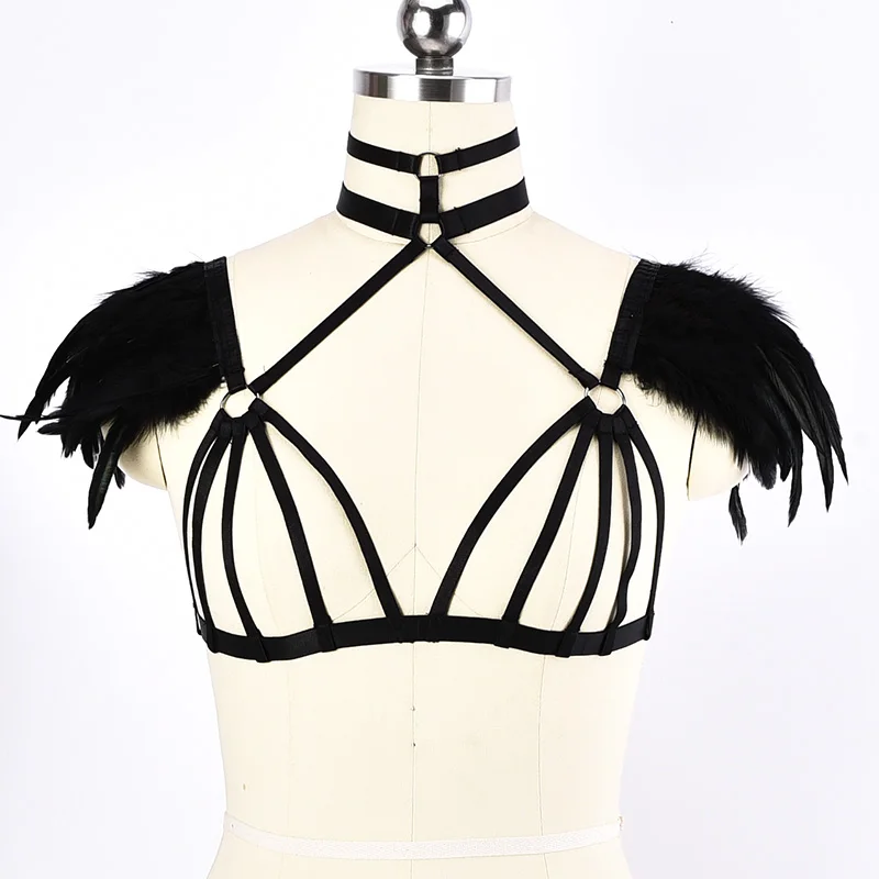 

JLX.HARNESS Women Black Fetish Feather Body Harness Belt Elastic Adjust Sexy Feather Lingerie Goth Top Bondage Cage bra