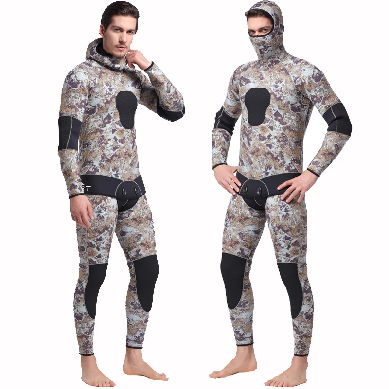 SBART 5MM Two Pieces Split Neoprene Scuba Diving Wetsuit Equipment Keep Warm Full Hooded Zipper Spearfishing Wet Suit For Men