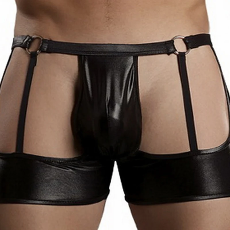 

Sexy Vinyl Leather Boxershorts Men Erotic Black Low Waist Hollow Out Open Crotch Underwear Boxers Gay Club Wear Boxer Hombre