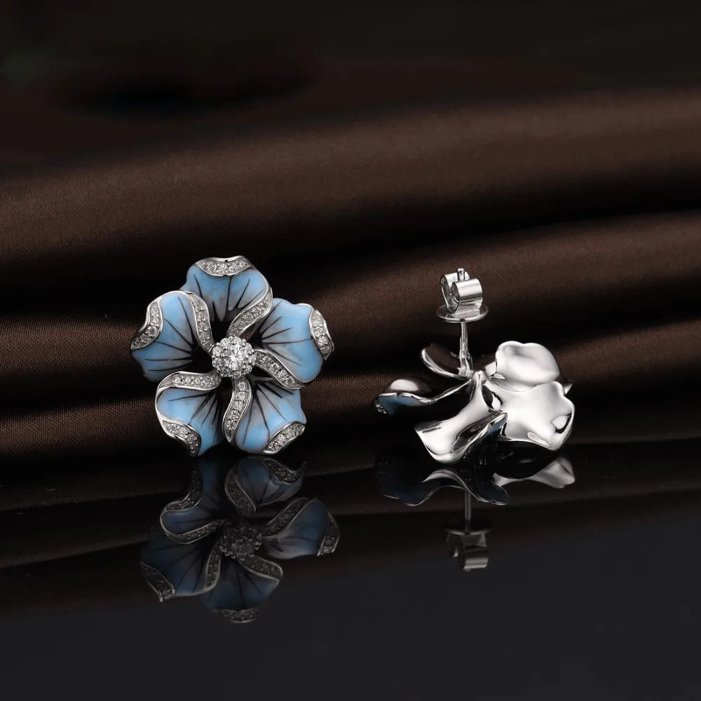New Elegant Ladies Shiny Zircon Crystal Blue Lotus Tree Stud Earrings Wedding Jewelry Gifts image 3