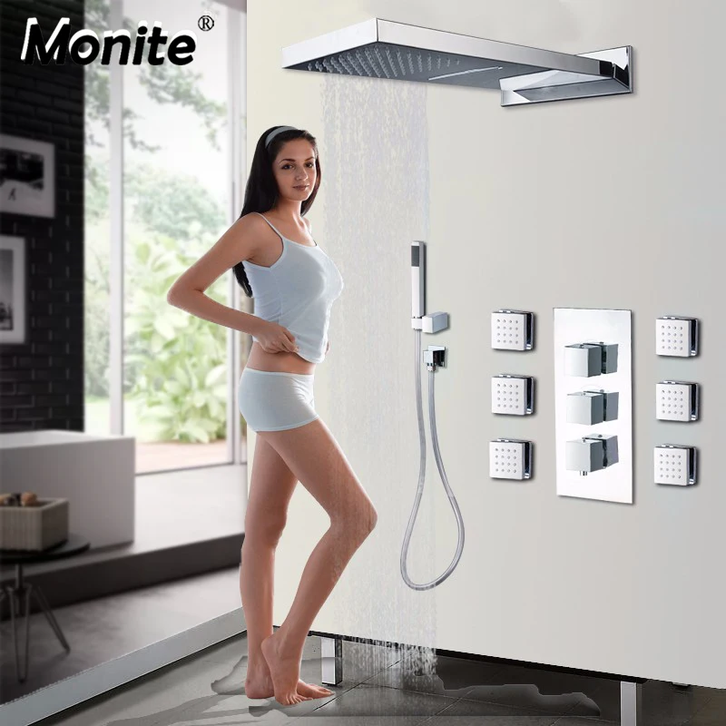 Monite Soild Brass Rainfall Waterfall Head Chrome Polished Bathroom Hand Shower Set Faucet 6pcs Body Massage Spray Jets Tap