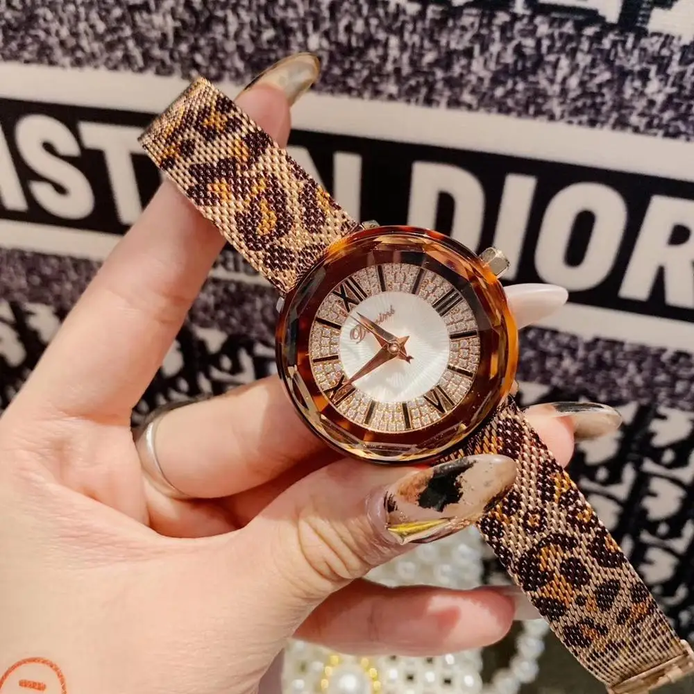 Relojes de leopardo de marca Sexy para mujer, reloj de pulsera con número romano, cristales de vestido de verano, reloj de pulsera Milanesa De acero completo, reloj de cuarzo