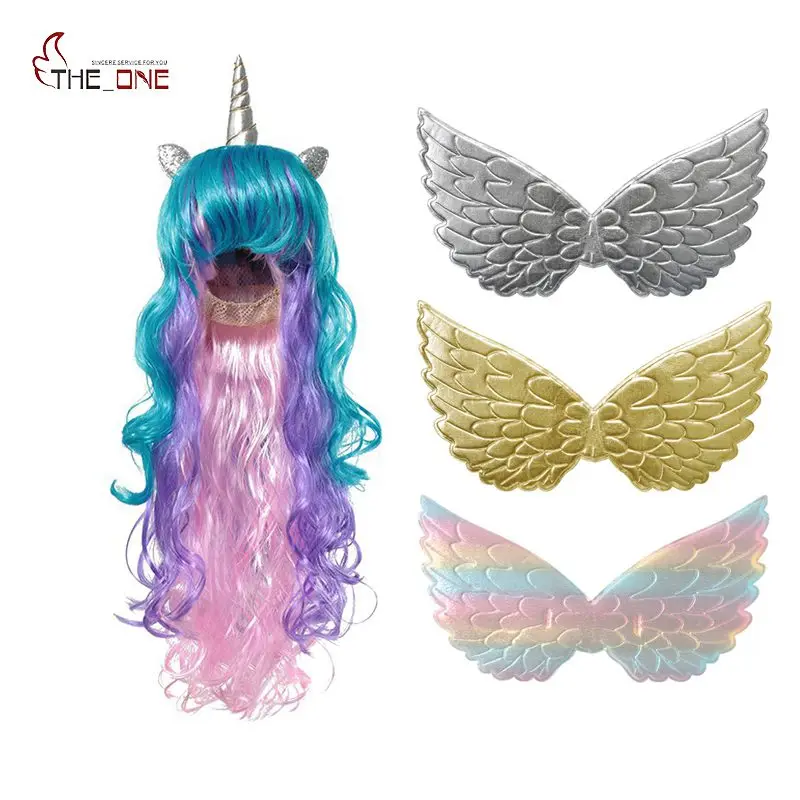 

MUABABY Girls Unicorn Wig and Wings Children Princess Accessories Girl Photography Props Kids Birthday Party Supply