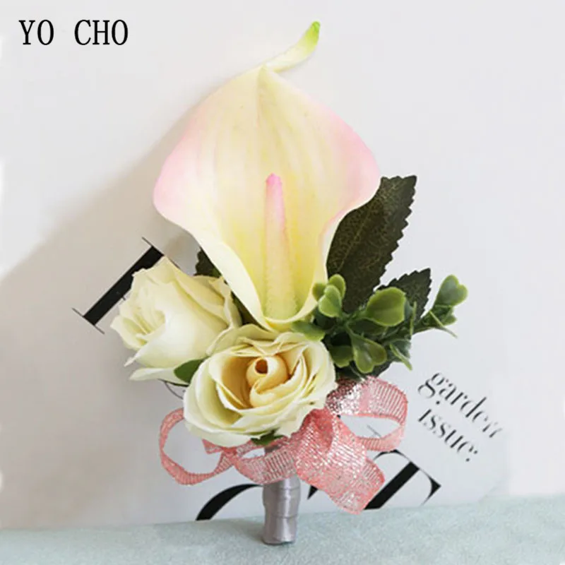 YO CHO Boutonnières Bruiloft Zijde Wit Roze Calla lelie Corsages Manchet Armbanden Bruidsmeisje Huwelijk Prom Bruidegom Bloem Boutonniere