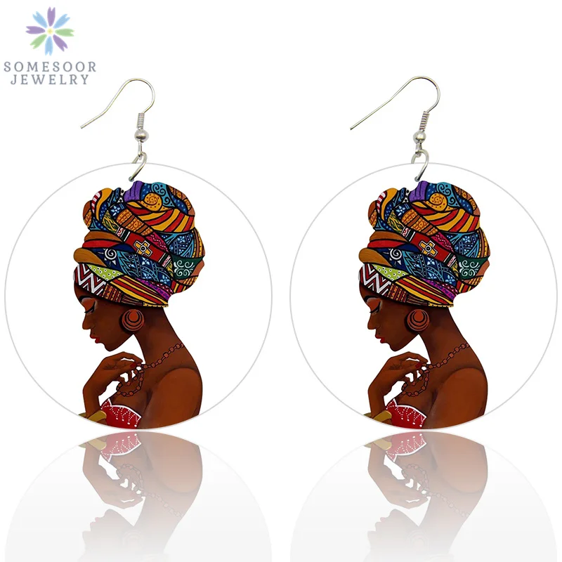 SOMESOOR Printed Hedawrap Woman Afro Wooden Ethnic Earrings Vintage Black Queen Hair Painting 6cm Flat Round Wood Jewelry Gifts
