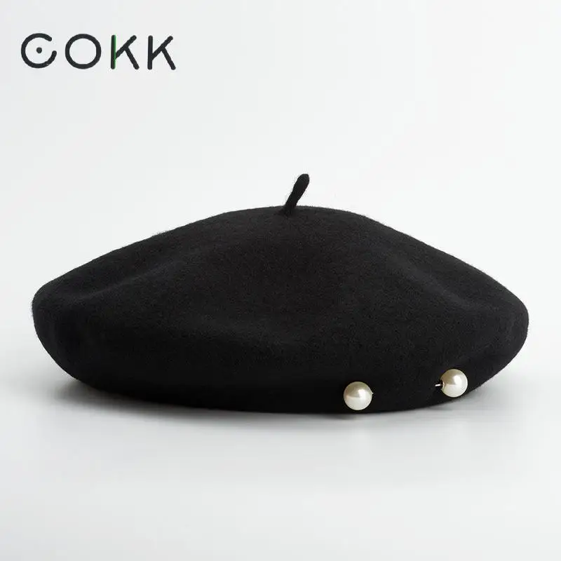 

COKK 100% Wool Beret Women Winter Hat Boina Feminina Black Soft Warm Beret Cap Flat Simulated Pearl Beads Painter Hat Female New