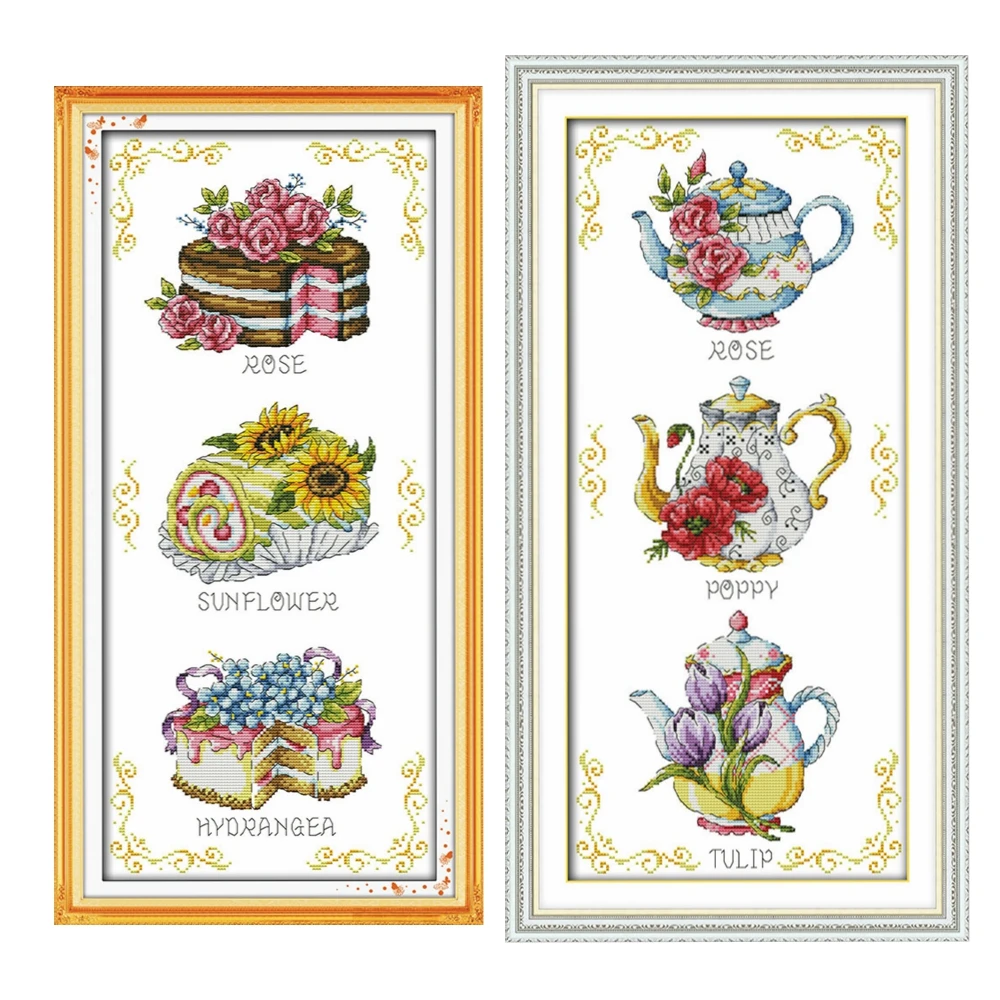 Clear stock Flower cake teapot cross stitch kit counted fabric 18ct pre printed 14ct 11ct embroidery DIY handmade needlework