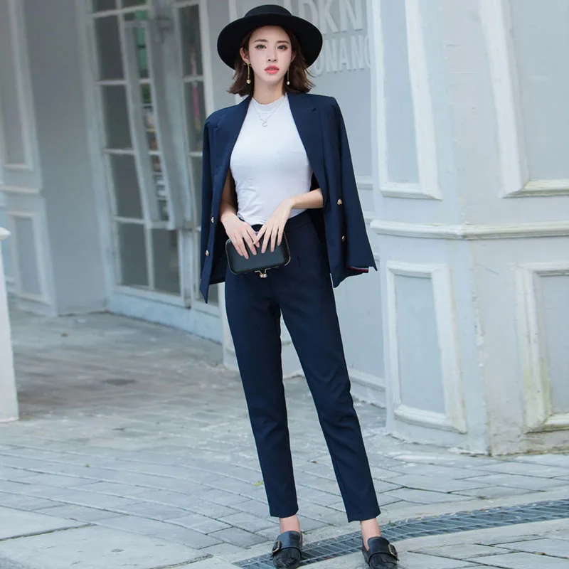 Spring and Autumn fashion two sets of workplace dress women's Korean Slim suit pants double breasted OL overalls suit