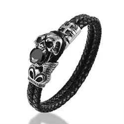 JANEYACY-pulsera de calavera de acero inoxidable para hombre, brazalete de mano de cuerda de cuero sintético negro, joyería Vintage