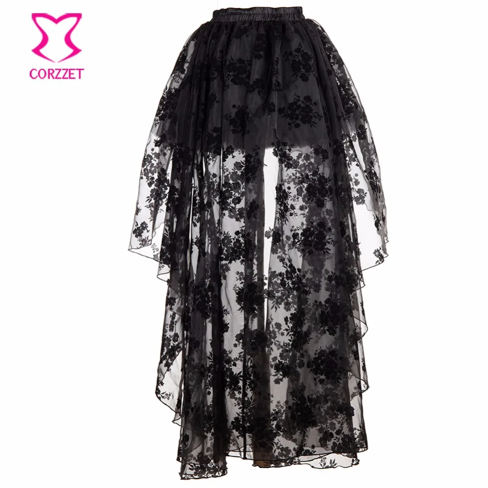 Black Floral Chiffon Front Short Back Long Gothic Victorian Skirt Steampunk Clothing Skirts Womens Vintage Clubwear Plus Size