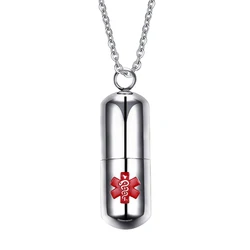 Men Women Medical Alert Identification Necklace Pill Shape Container Storage Box Charm Pendant Stainless Steel