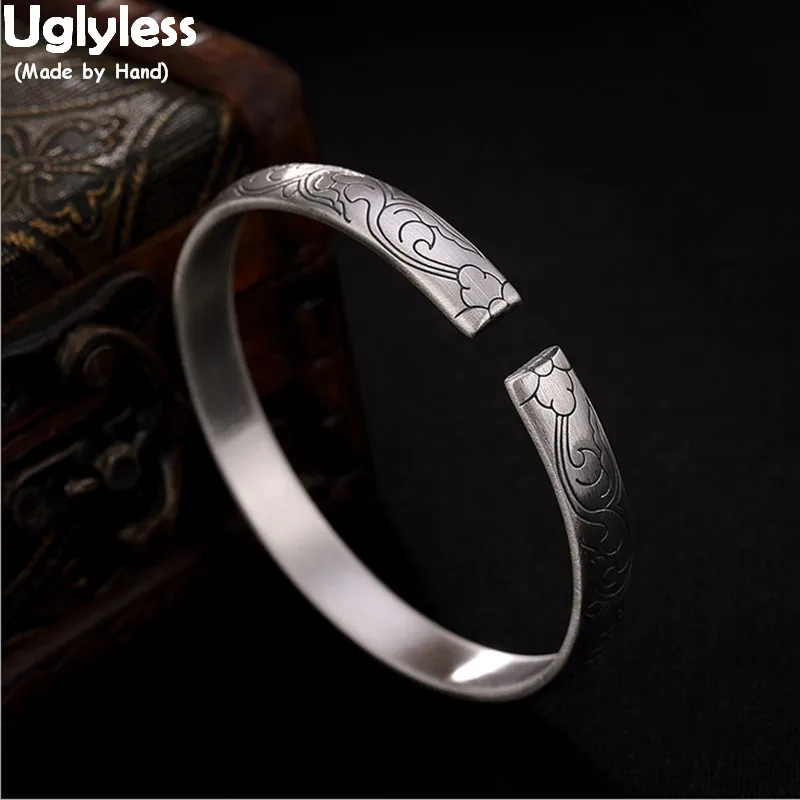 

Uglyless 100% Real Solid 999 Pure Silver Fine Jewelry Ethnic Open Bangles for Women Handmade Carved Totem Patterns Wide Bangle