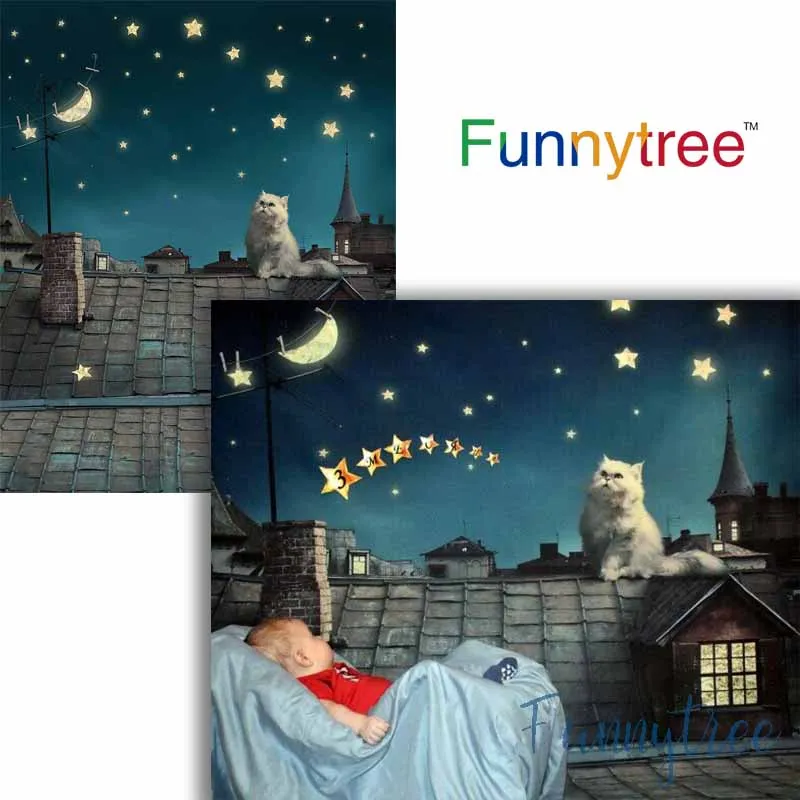 Funnytree fairy tale roof background for kid photo studio brick starry sky moon night backdrop photobooth photo prop photocall