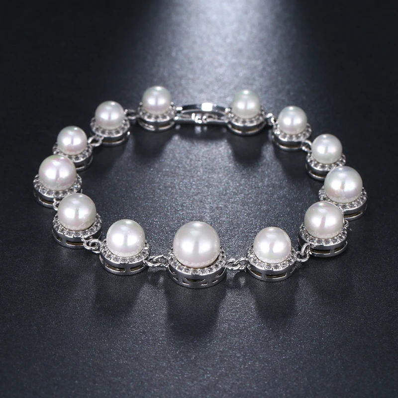 EMMAYA New Simulated Pearl Bracelet with Cz Beads Paved Women Bracelet Fashion Silver Color Wedding Jewelry