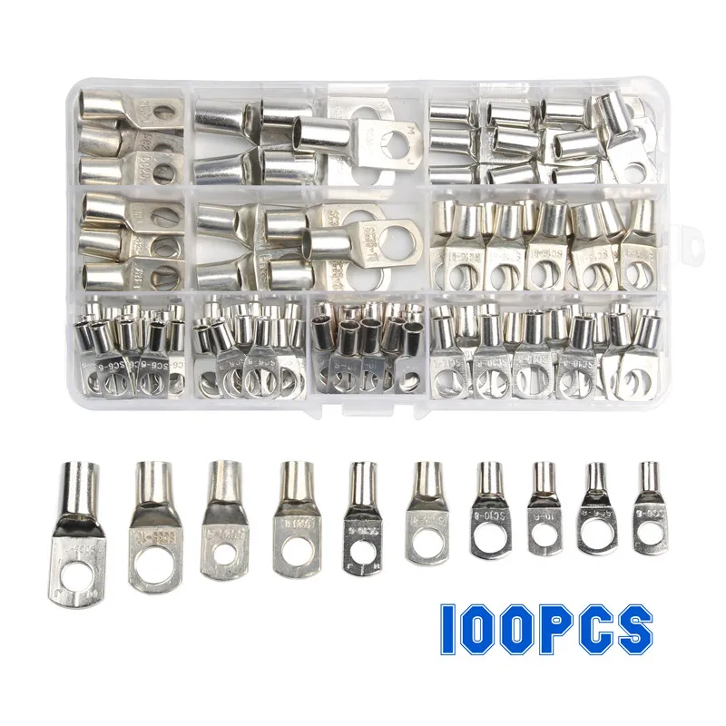 

100PCS SC Tinned Copper Lug Ring Wire Connectors for Battery Bare Cable Electric Wire Connector Crimp Terminal Set