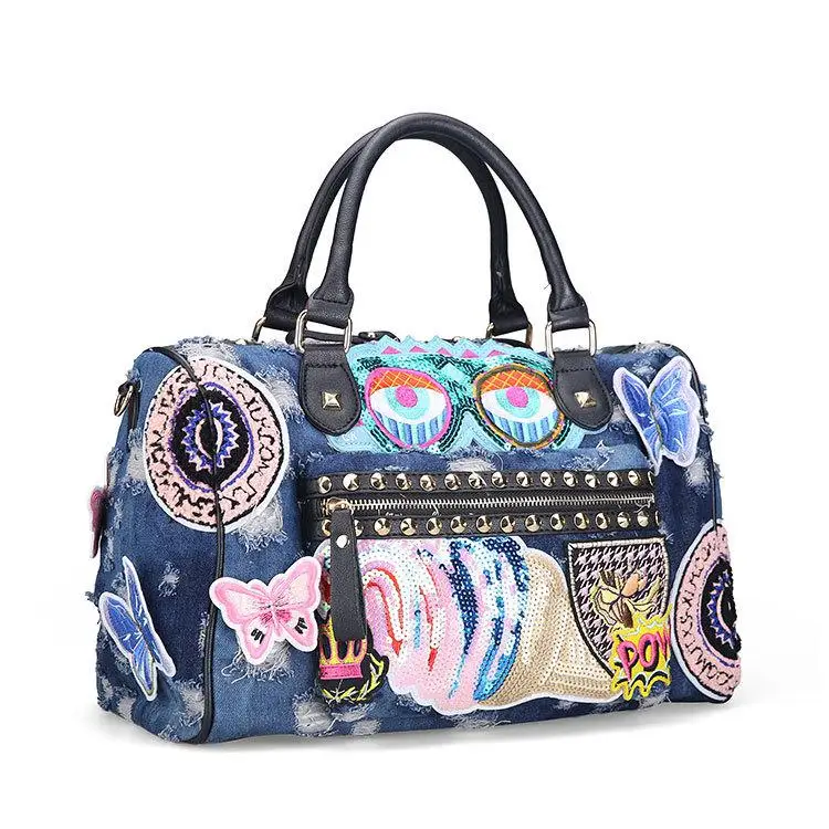 

Rock Style Fashion Totes Women Denim Handbags Casual Shoulder Bags Vintage Demin Blue Top Handle Bags Bolsa Large Travel Bags