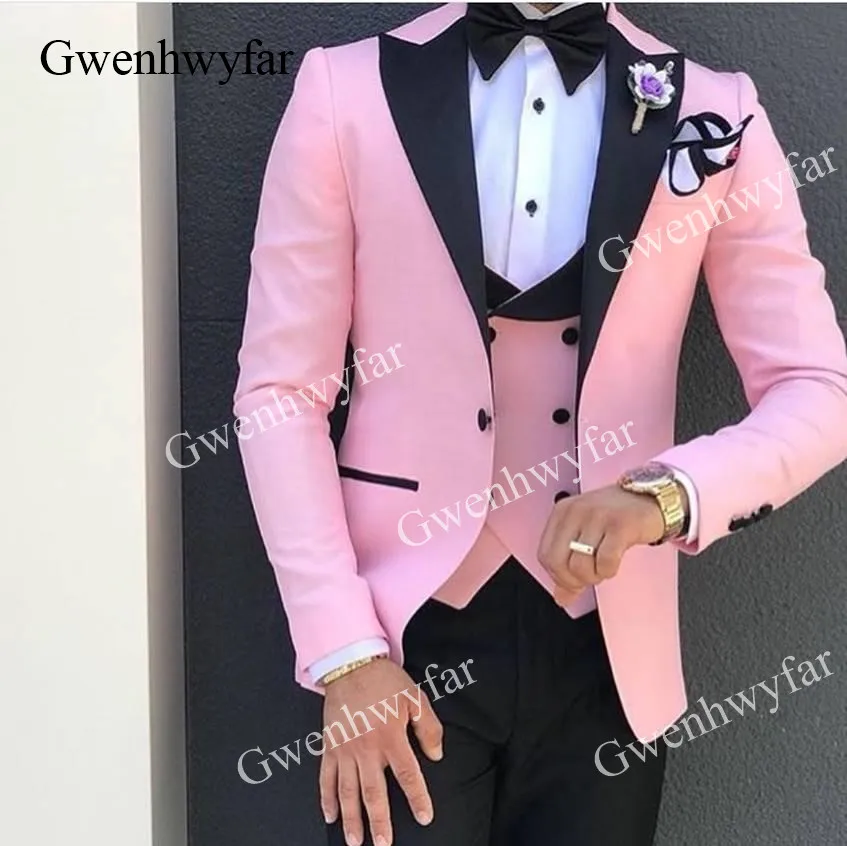 

Gwenhwyfar Men Wedding Suits New Brand Design Real Groomsmen Black Peak Lapel Groom Tuxedos Mens Pink Wedding/Prom Suits